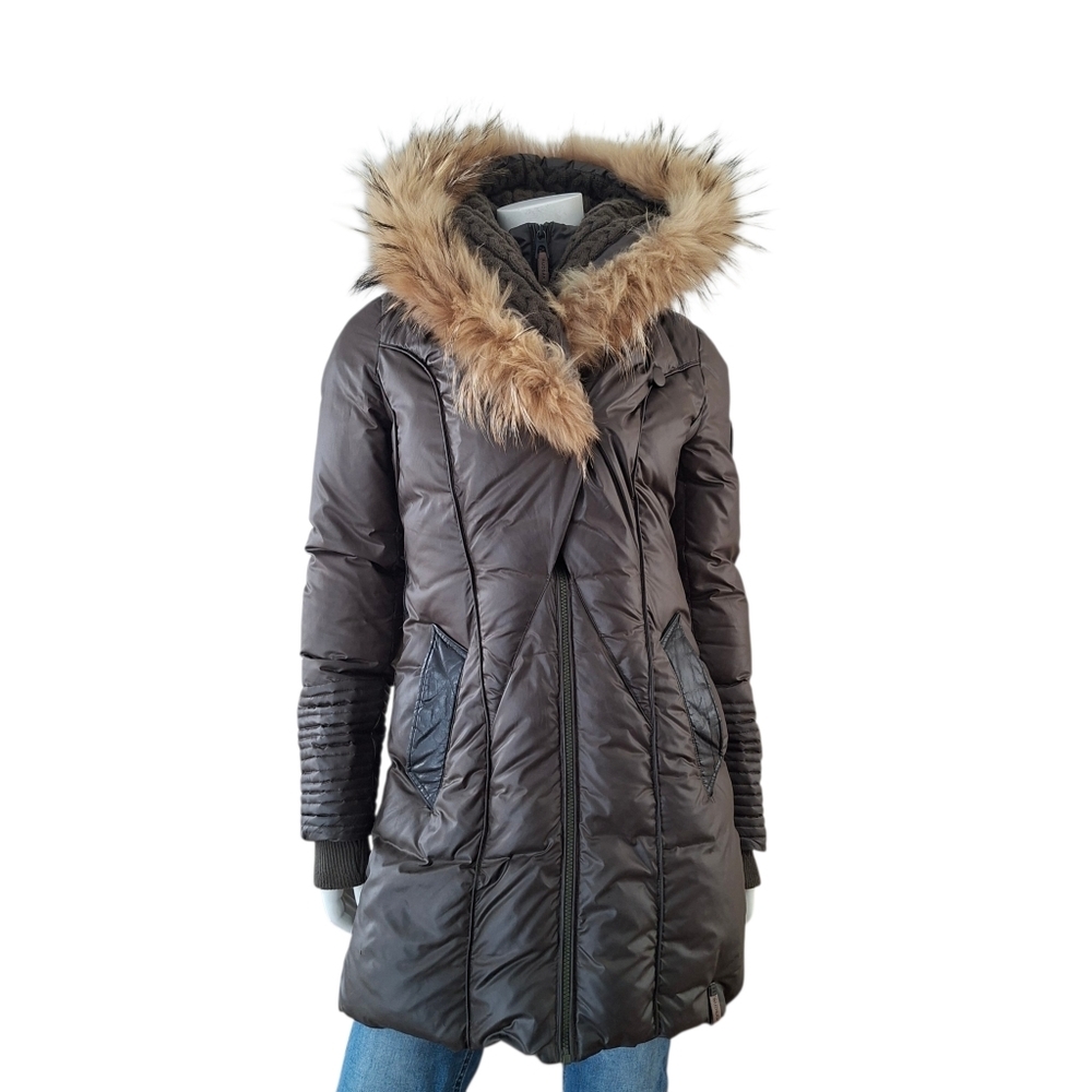 Rudsak Feathers Down Leather Women's Winter Coat Real Fur khaki brown - Picture 3 of 16